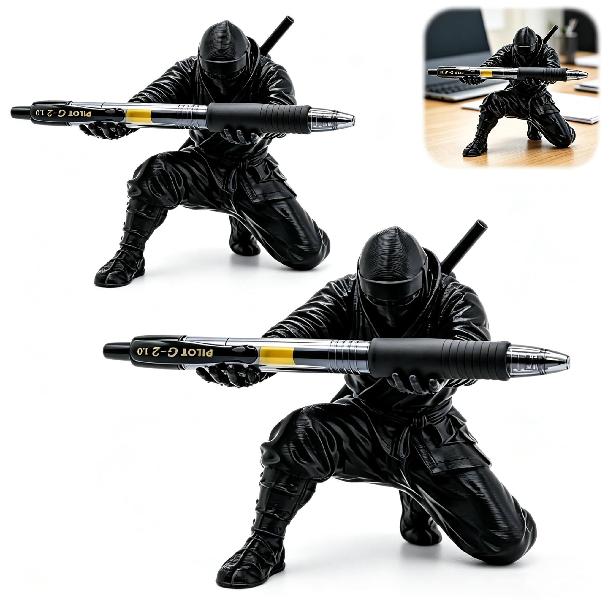 3D Printed Ninja Pen Holder, Black Ninja Warrior Samurai Desk Organizer with Sword, Creative Sculpture Pencil Holder, Unique Gift for Office Classroom, Funny Gag Gift for Men (NO PEN) (2PCS-Black)