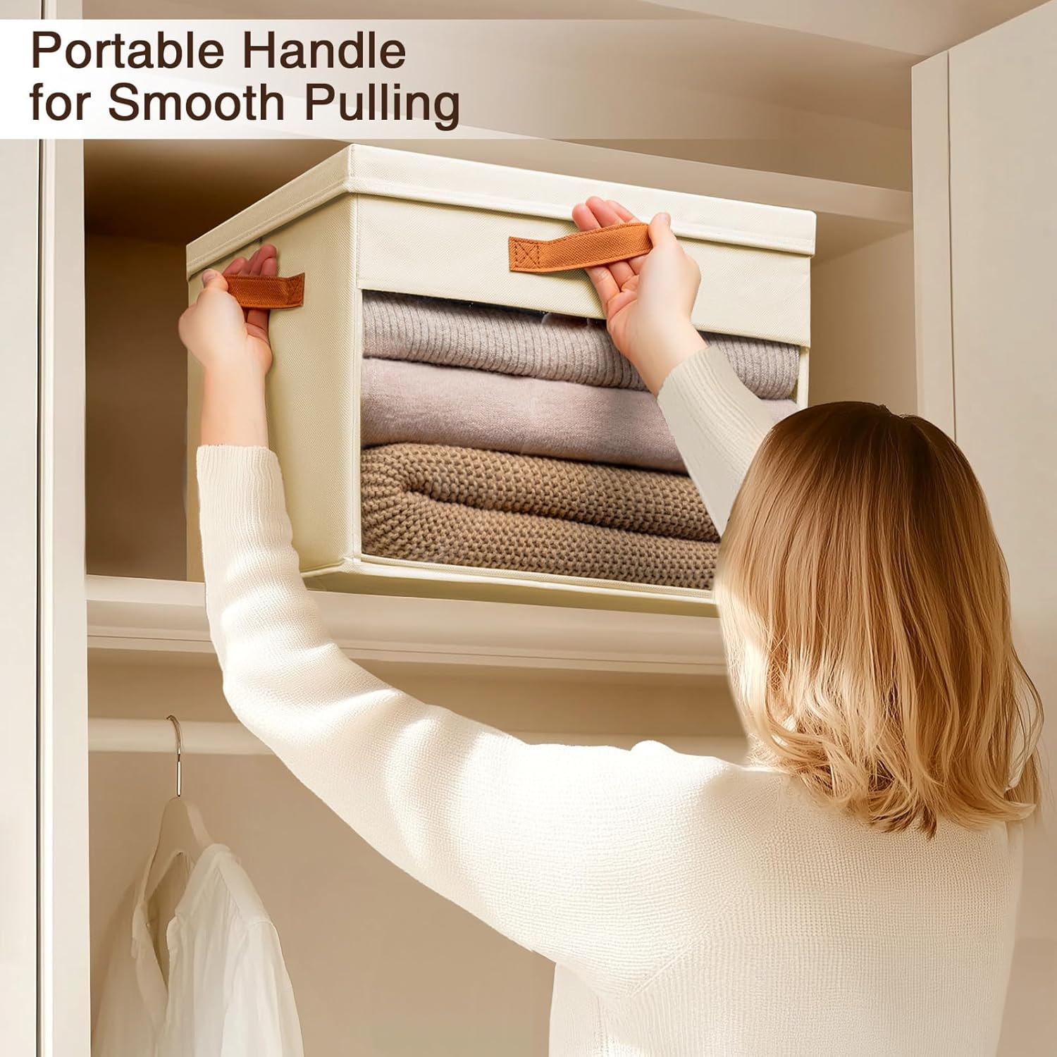 large storage bins with lids - 4 pack foldable decorative organizers with clear windows & handles, cube storage organizers for clothes, blankets, sweaters, sheets, beige beige 16.5 inch-4 pack