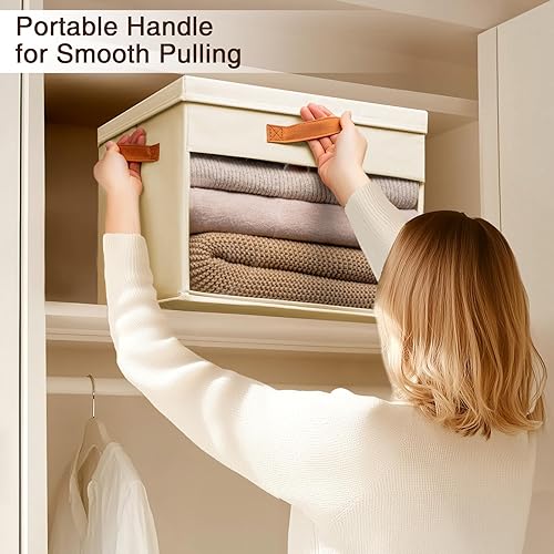 Miniatura 2 de Contenedores de almacenamiento grandes con tapas, paquete de 4 organizadores decorativos plegables con ventanas y asas transparentes, organizadores