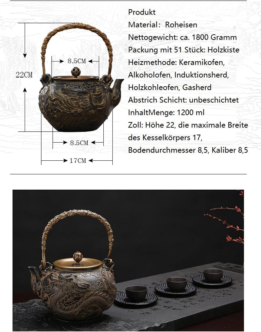 Cast Iron Tea Pot Set Japanese Teapot Tetsubin Kettle Kungfu Drink Stainless Steel Strainer Dragon & Phoenix Teakettle 1 2 L-can
