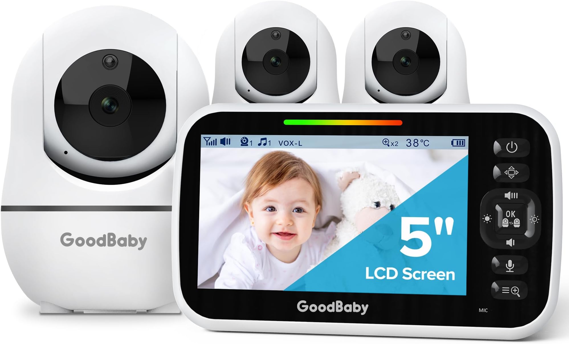 GoodBaby 5" Baby Monitor with 3 Cameras and Audio, No WiFi Secure Camera, 30-Hour Battery, Remote PTZ, Auto Night Vision, Room Temperature, Two-Way Audio,Lullabies,960 ft Range