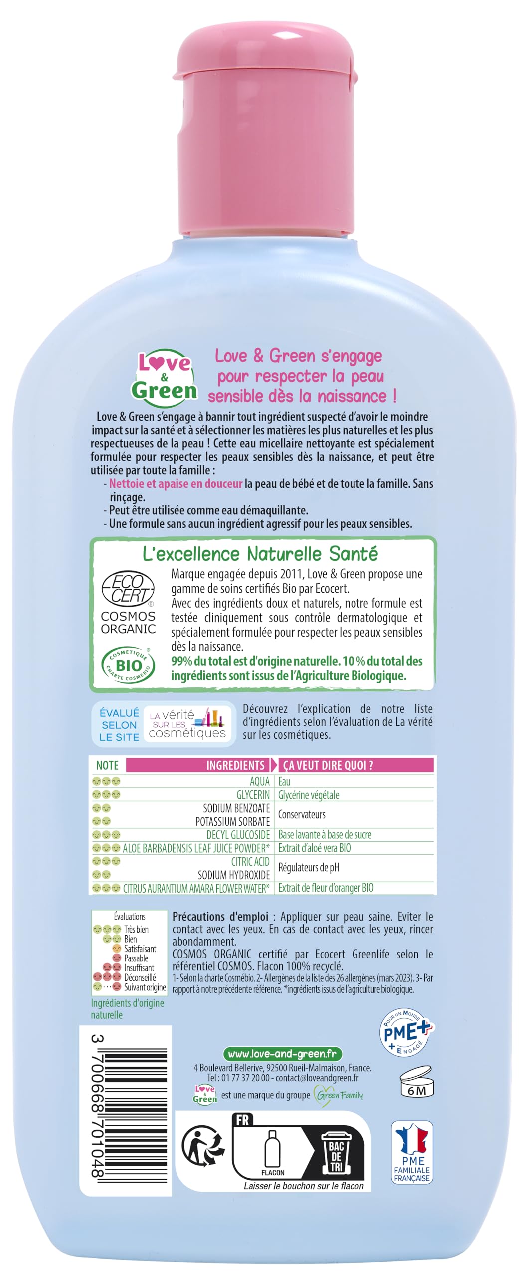 Love & Green - Eau Micellaire Nettoyante Bio 0% 500 ml - Fabriqué en France