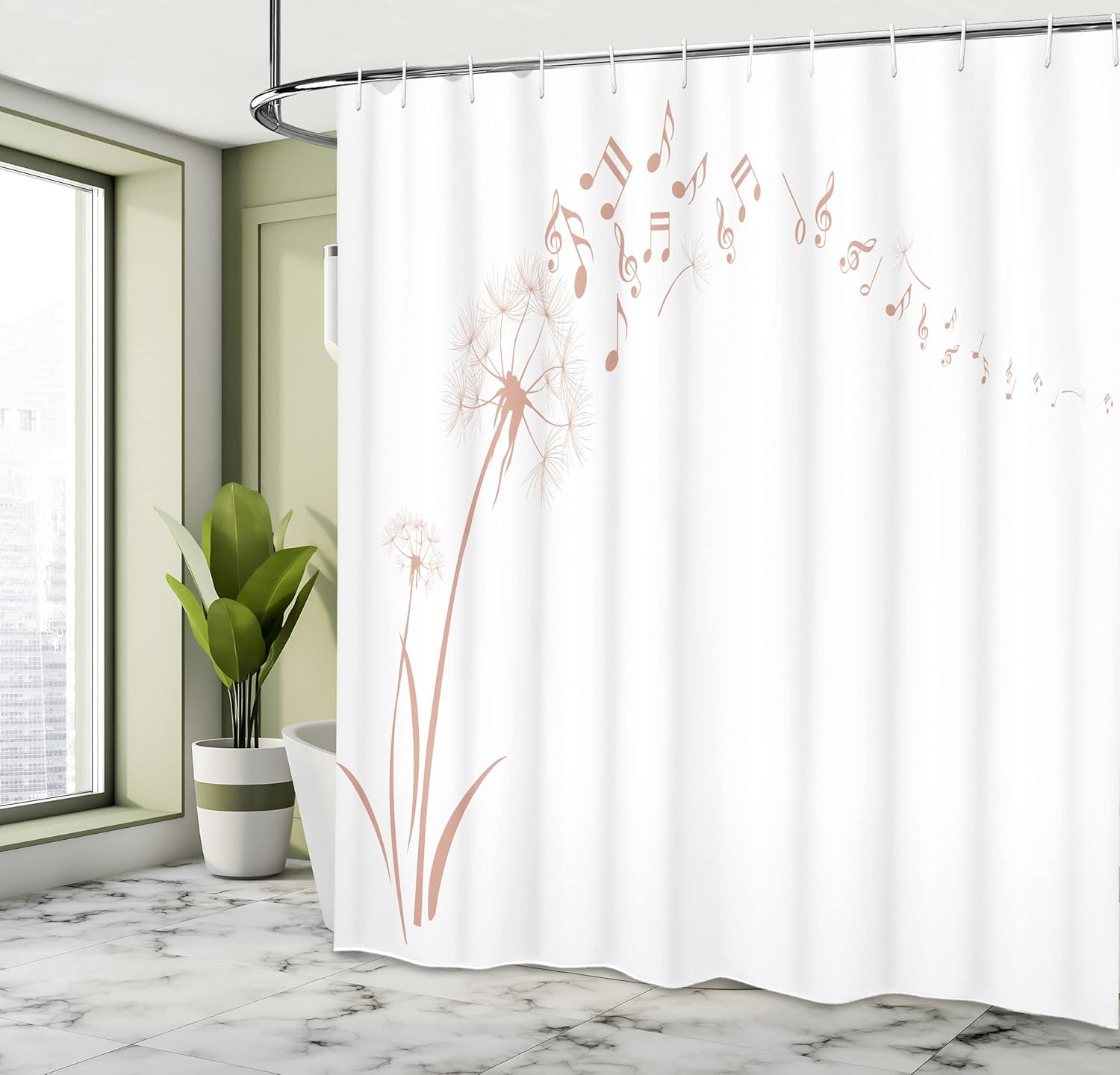 Ambesonne Music Shower Curtain, Flying Dandelions Notes Summer Spring Meadow Silhouette Softness Simple Print, Cloth Fabric Bathroom Decor Set with Hooks, 69" W x 75" L, Peach