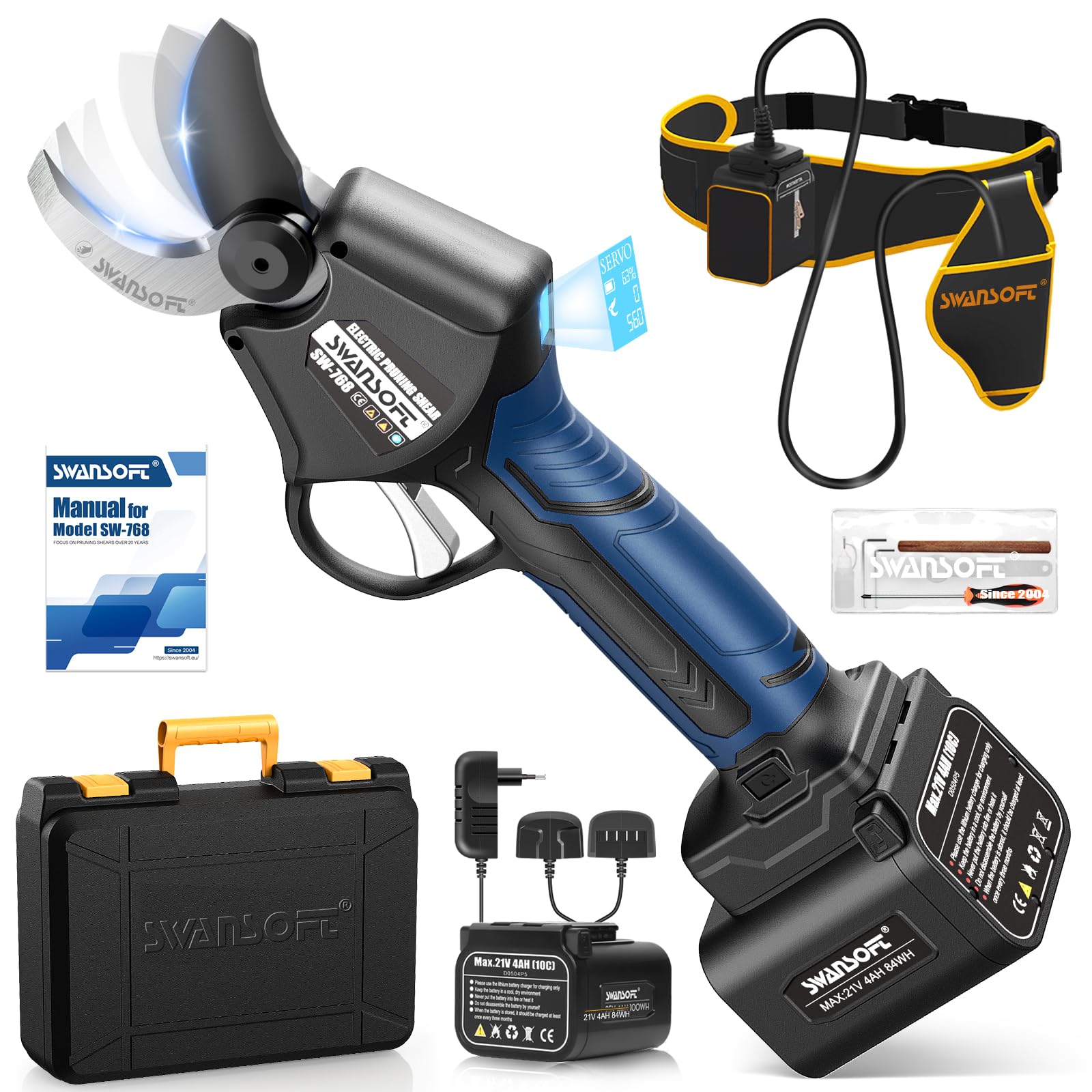 SWANSOFT Tijeras de Podar Eléctricas Doble Cuchilla de Corte - Profesional 42mm Podar Con 1150W 21V 4Ah X 2 Baterías, Pantalla LCD, de Poda Electrica Bateria Control Progresivo, para Viñedos Olivares