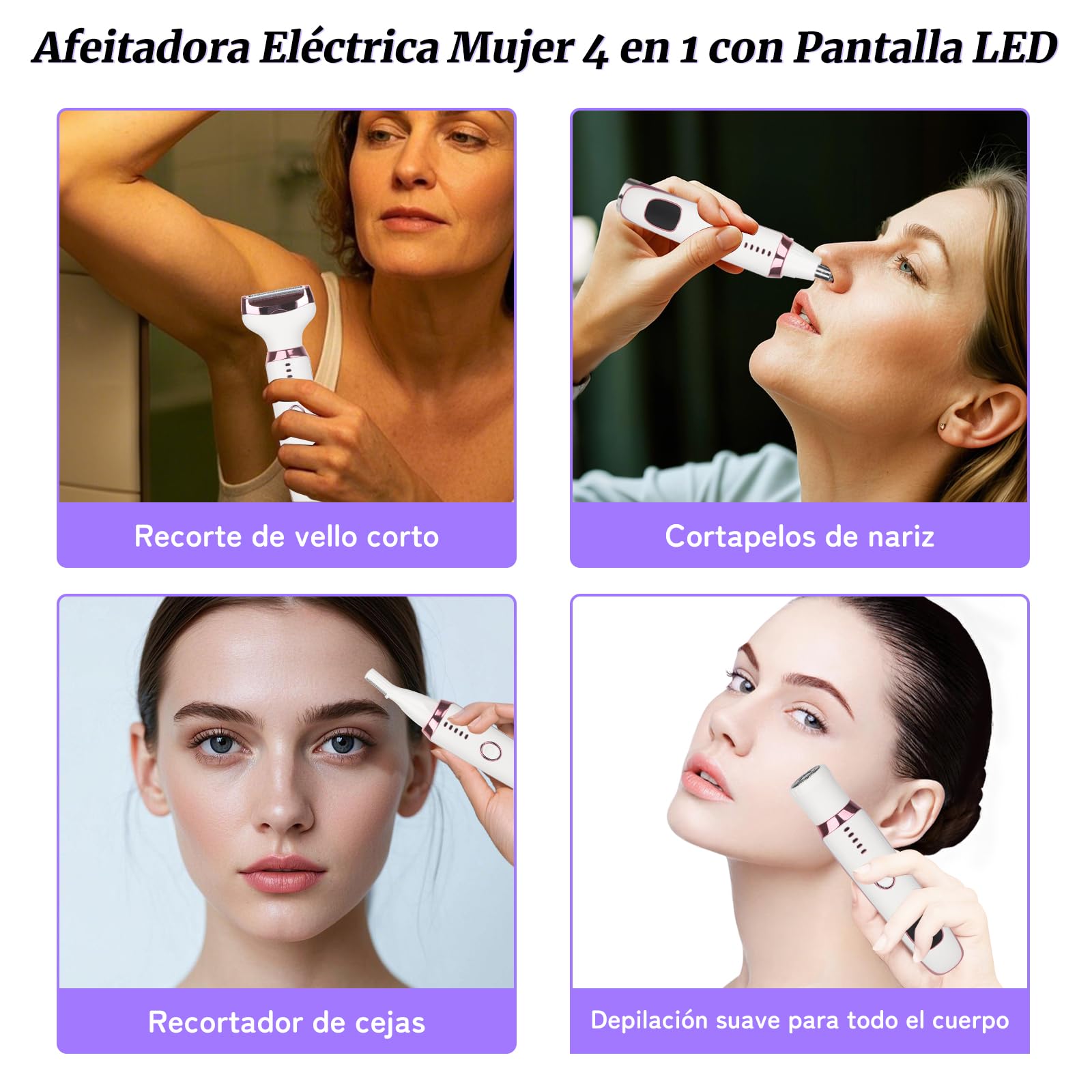 Afeitadora Eléctrica para Mujer con Pantalla LED, Afeitadora Femenina IPX7 Impermeable Uso Húmedo y Seco, Kit de Cuidado Eléctrico 4 en 1 Inalámbrico para Bikini, Rostro (Rosa)