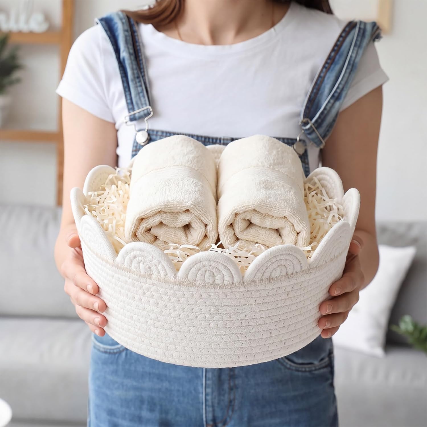 Mifoci Scalloped Small Storage Basket Round Rope Basket with Handles Boho Cotton Rope Gift Baskets Organizer Baskets for Baby Shower Bedroom Nursery Toys Organizing(White,Rectangle Style)
