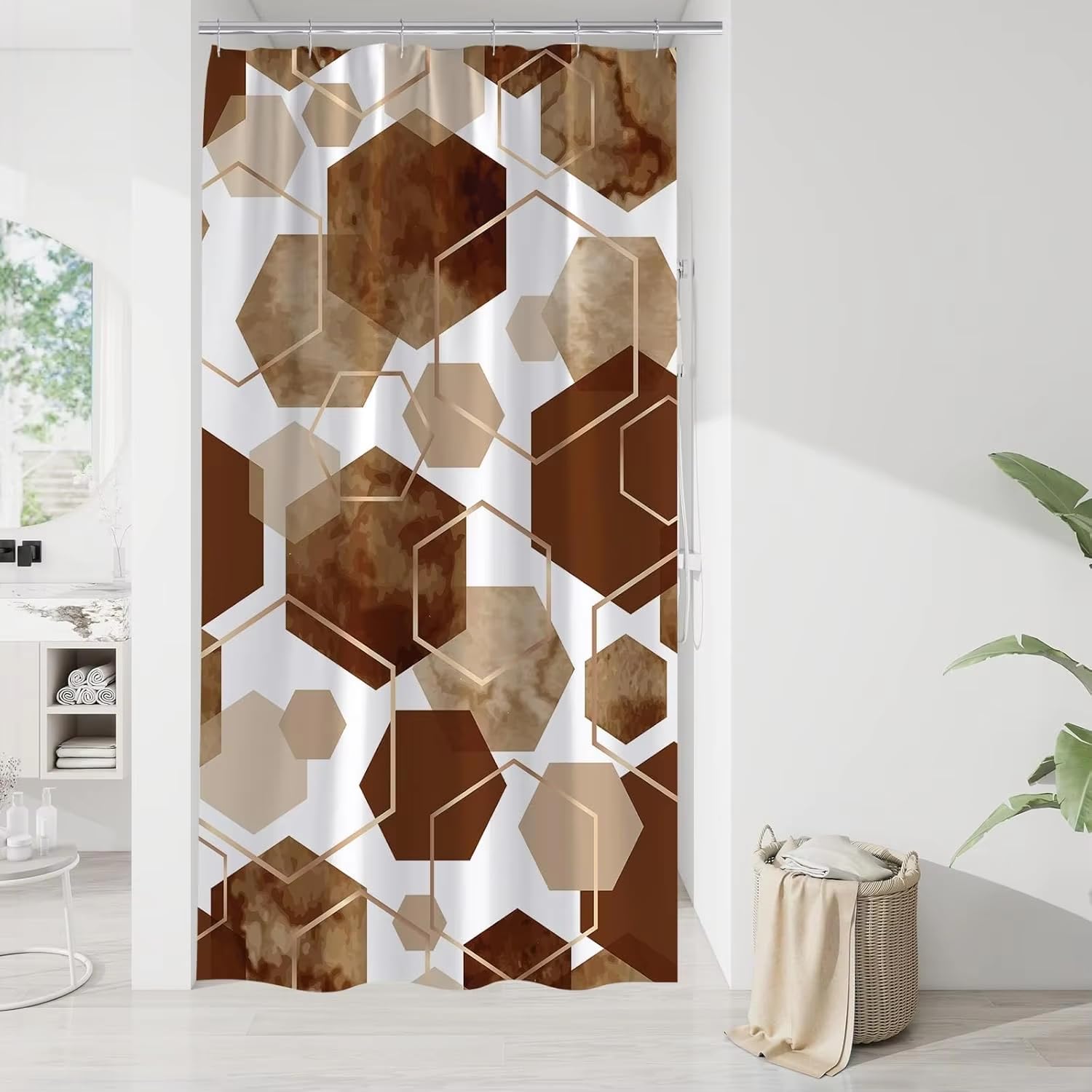 KELAIMI Geometric Shower Curtains,Gold Geometric Modern Luxury Polyester Bathroom Curtain - Waterproof Fabric Bathtub Curtain with Hooks Brown 180X210Cm