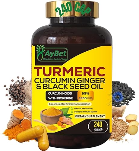 World 1st.Aceite de cúrcuma Curcumina de jengibre y semillas negras, 240 cápsulas, 2250 mg, 95% curcuminoides, BioPerin añadido, extra fuerza,