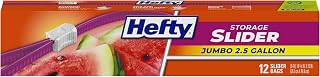 Hefty Slider Jumbo 2.5 Gallon Storage Bags, 12 Count - BPA-Free Leakproof Slider Seal for Food, Freezer & Travel