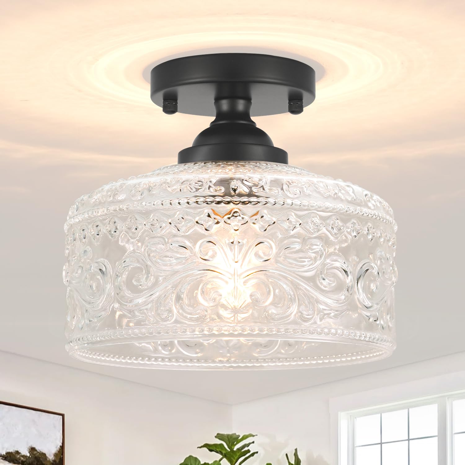Small Semi Flush Mount Ceiling Light Fixture Vintage Matte Black Close to Ceiling Lighting with Etched Glass Shade