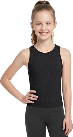 ATTRACO Ribflex Girls Tank Top with Built-in Bra Athletic Racerback 7-16Y | Kids Sleeveless Crew Neck Tops Fitting, Dance Gymnastics Casual Running, Ribbed Seamless Construction