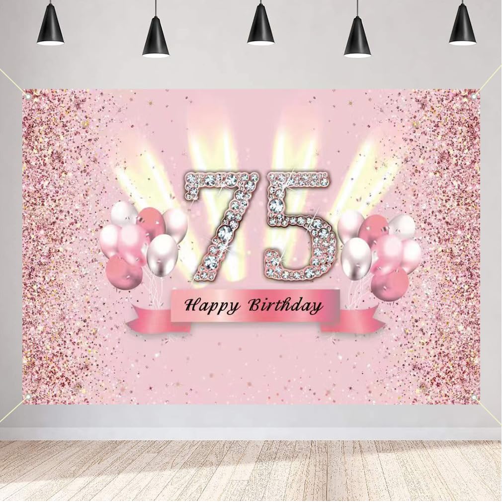 75th Birthday Decorations for Women Happy 75th Birthday Backdrop Banner Party Deco Woman 75 Years Old Anniversary Party Fabric Sign Poster Pink Photo