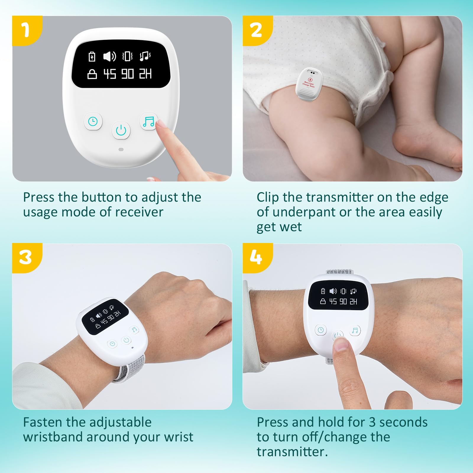 Réveil Anti-Pipi Au Lit sans Fil pour Enfants, Haute Sensibilité, Rechargeable USB, 3 Modes: Son Et Vibration, Capteur De Rééducation Nocturne pour Enfants Et Personnes Âgées