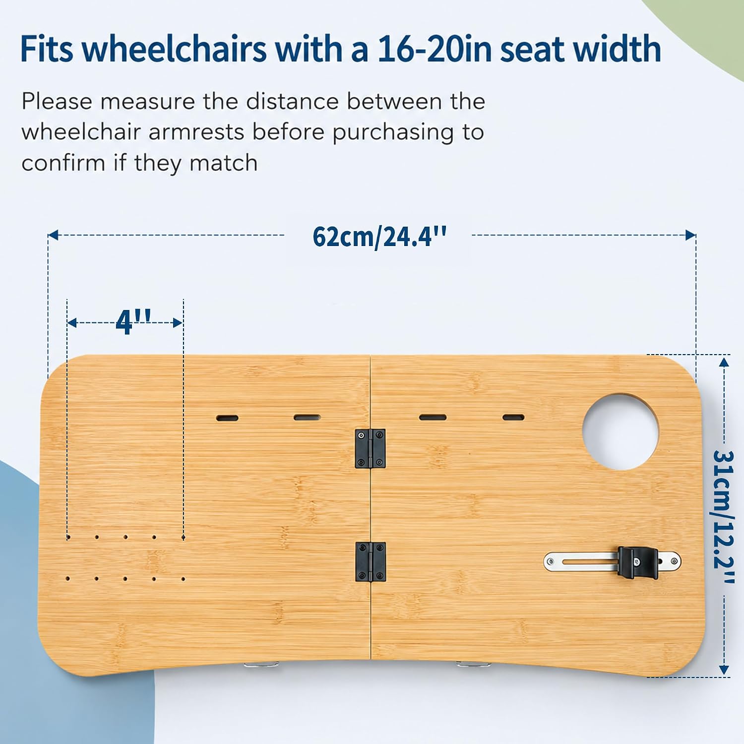 12"x24.5" Foldable Wheelchair Tray Table with 2 Cup Holders for Seniors, Bamboo Removable Wheelchair Desk for Eating, Wheelchair tray for placing items and cutlery, Suitable for Seat Width of 16-20"