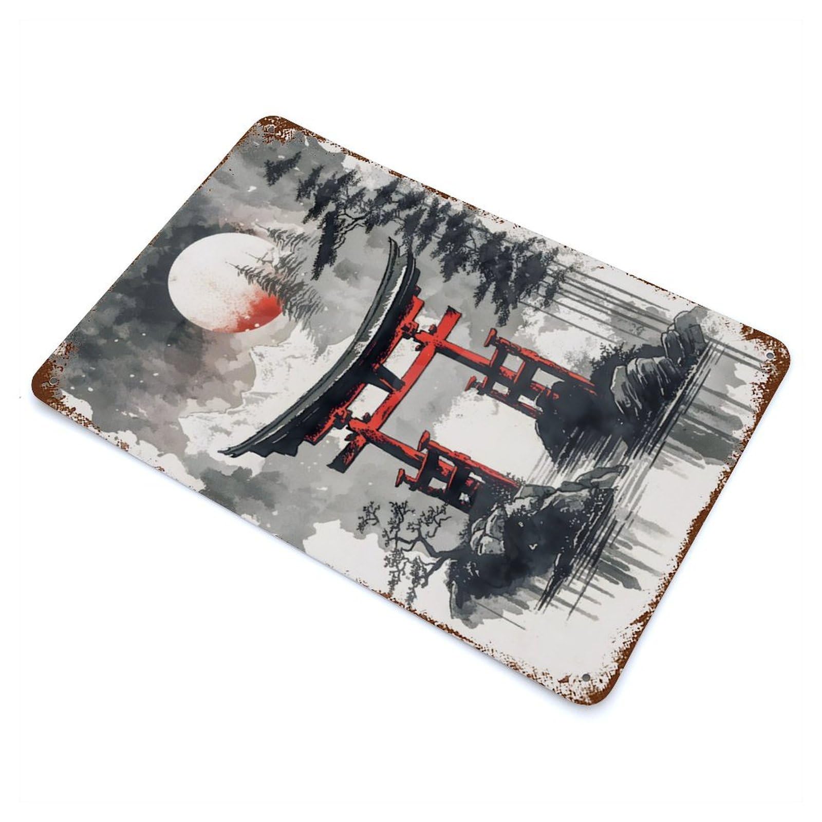 Decorative Tin Sign with Japanese Torii Gate Ink Design 11.8"x7.9", for Garage, Bar And Workshop Decor, Farmhouse Wall Decor