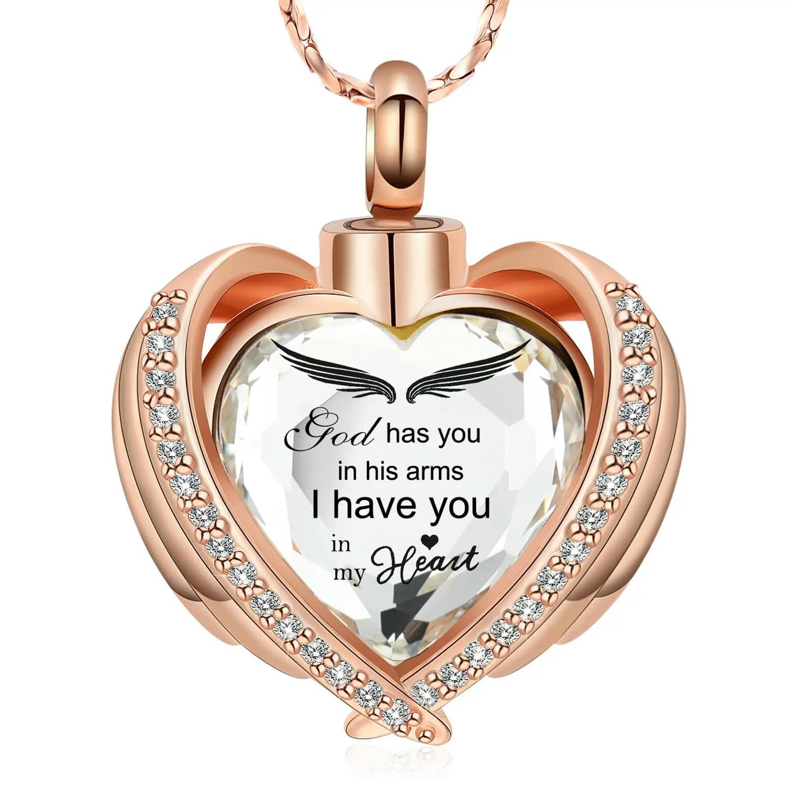 Bijoux de crémation et collier urne cœur avec aile d'ange en or rose et cristaux pour femme