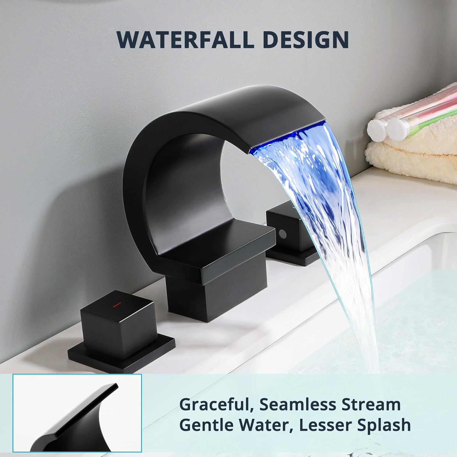 Matte Black Waterfall Bathroom Faucet with LED Light, 3 Hole Bathroom Sink Faucet and Parts, Modern 8 Inch Widespread 2 Handle Vanity Faucets with Supply Lines