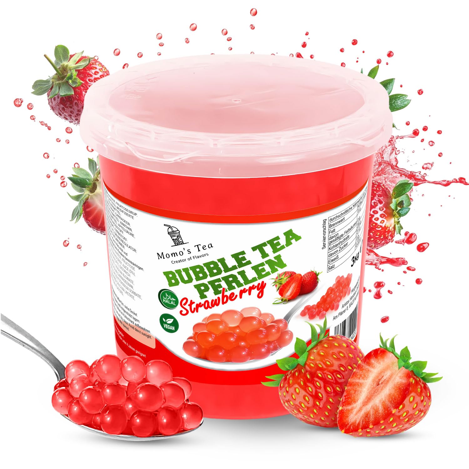 Momo's Tea® Bubble Tea Perlen - zum selber machen [Erdbeere - 3kg XXL Behälter] - 100% vegan, halal, glutenfrei