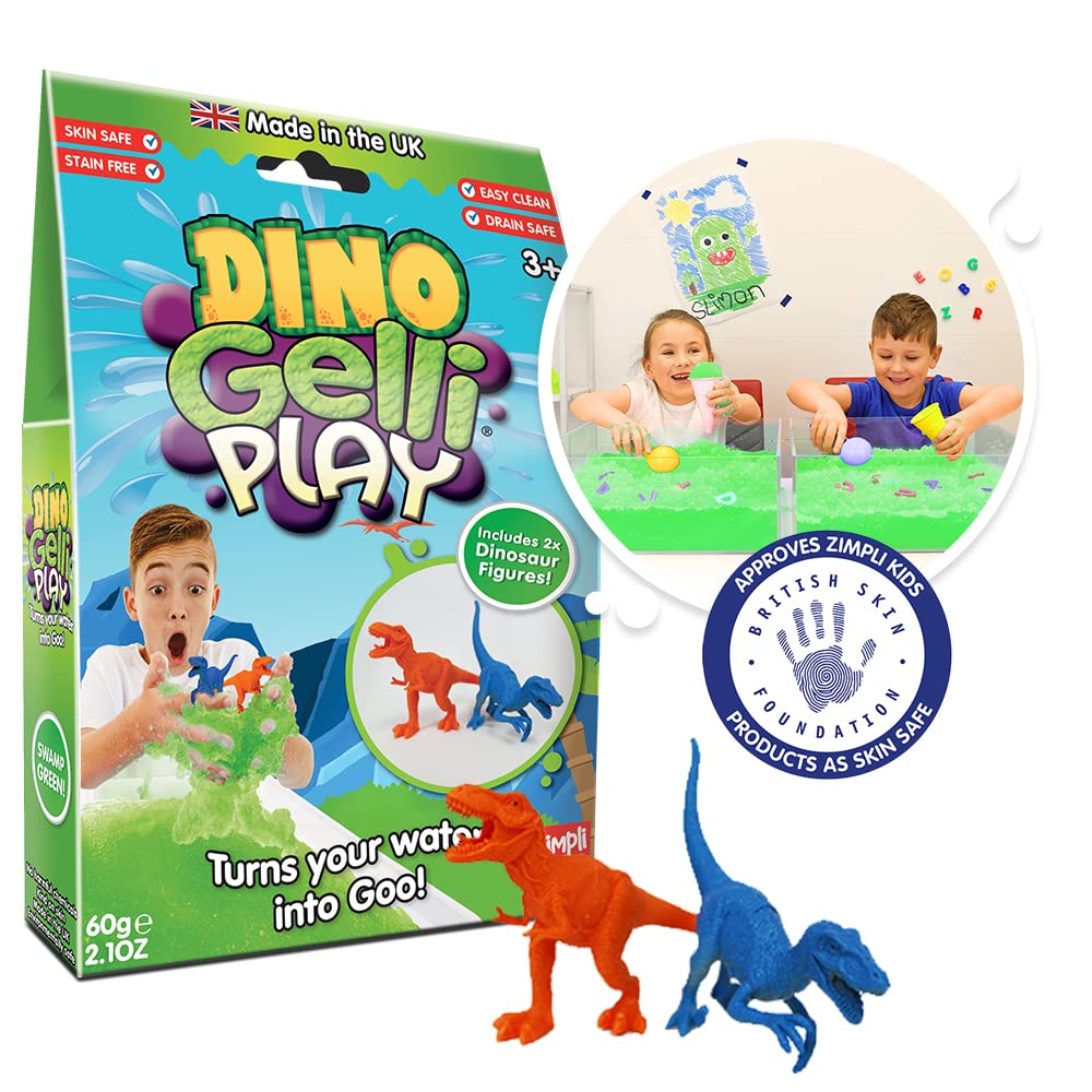 ZIMPLI - Dino Gelli Play Green, 2 x Dinosaur figures, As if by Magic, Water turns into thick, colourful goo, Water Toys for Toddlers 3+, UK Made