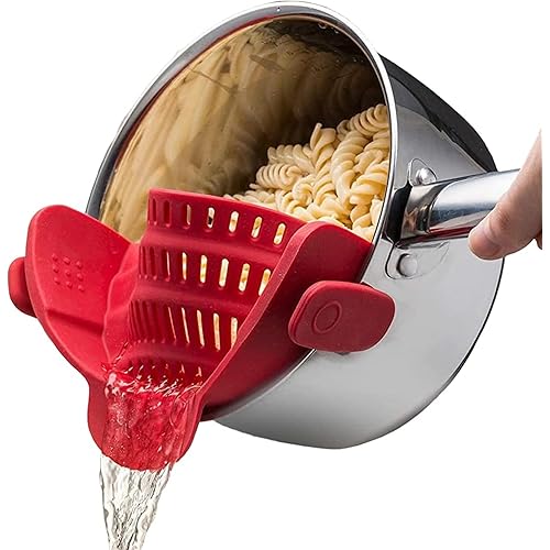 Kitchen Gizmo Snap N Strain Silicone Pot Strainer - Adjustable Clip-On Pasta Strainer for Pots, Pans, and Bowls - Large Red Kitchen Colander