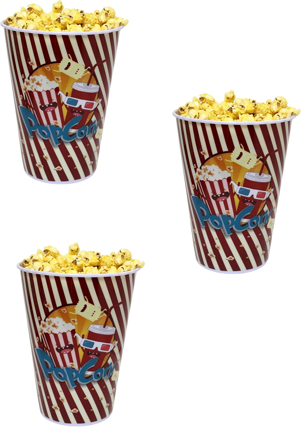 Dependable Industries inc. Essentials 3-Pack Retro Style Plastic Popcorn Containers – 7" Tall x 5" Top Diameter – Reusable Popcorn Buckets for Movie Nights,Parties, and Snack Time (46198-A)