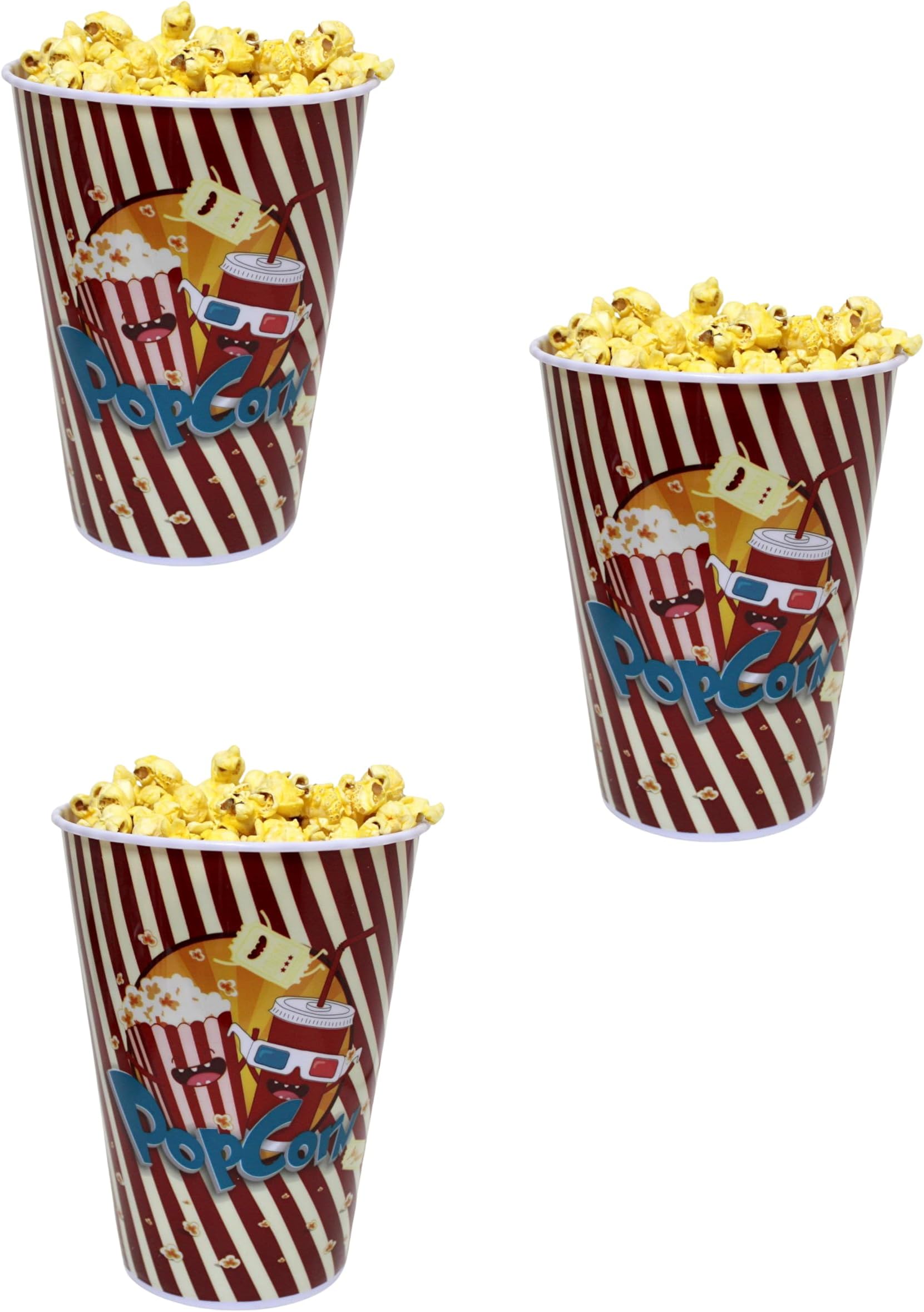3-Pack Retro Style Plastic Popcorn Containers – 7" Tall x 5" Top Diameter – Reusable Popcorn Buckets for Movie Nights, Kids' Parties, and Snack Time (46198-A)