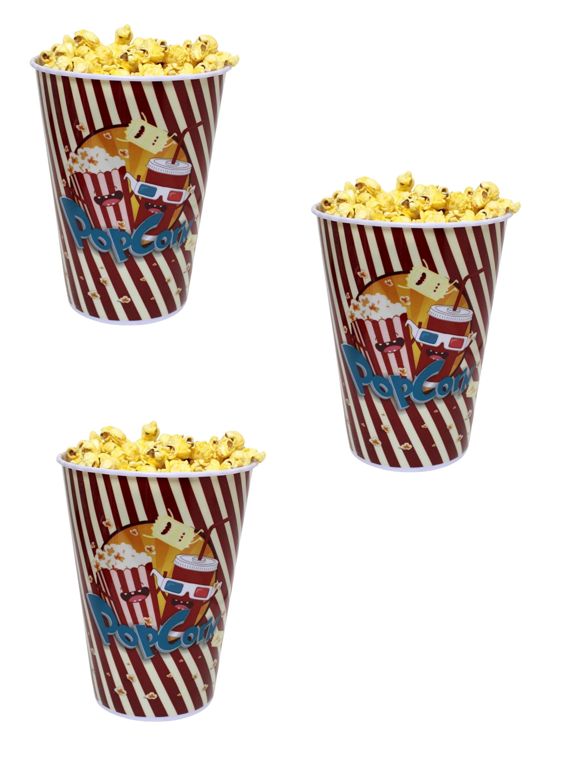 Dependable Industries inc. Essentials 3-Pack Retro Style Plastic Popcorn Containers – 7" Tall x 5" Top Diameter – Reusable Popcorn Buckets for Movie Nights,Parties, and Snack Time (46198-A)