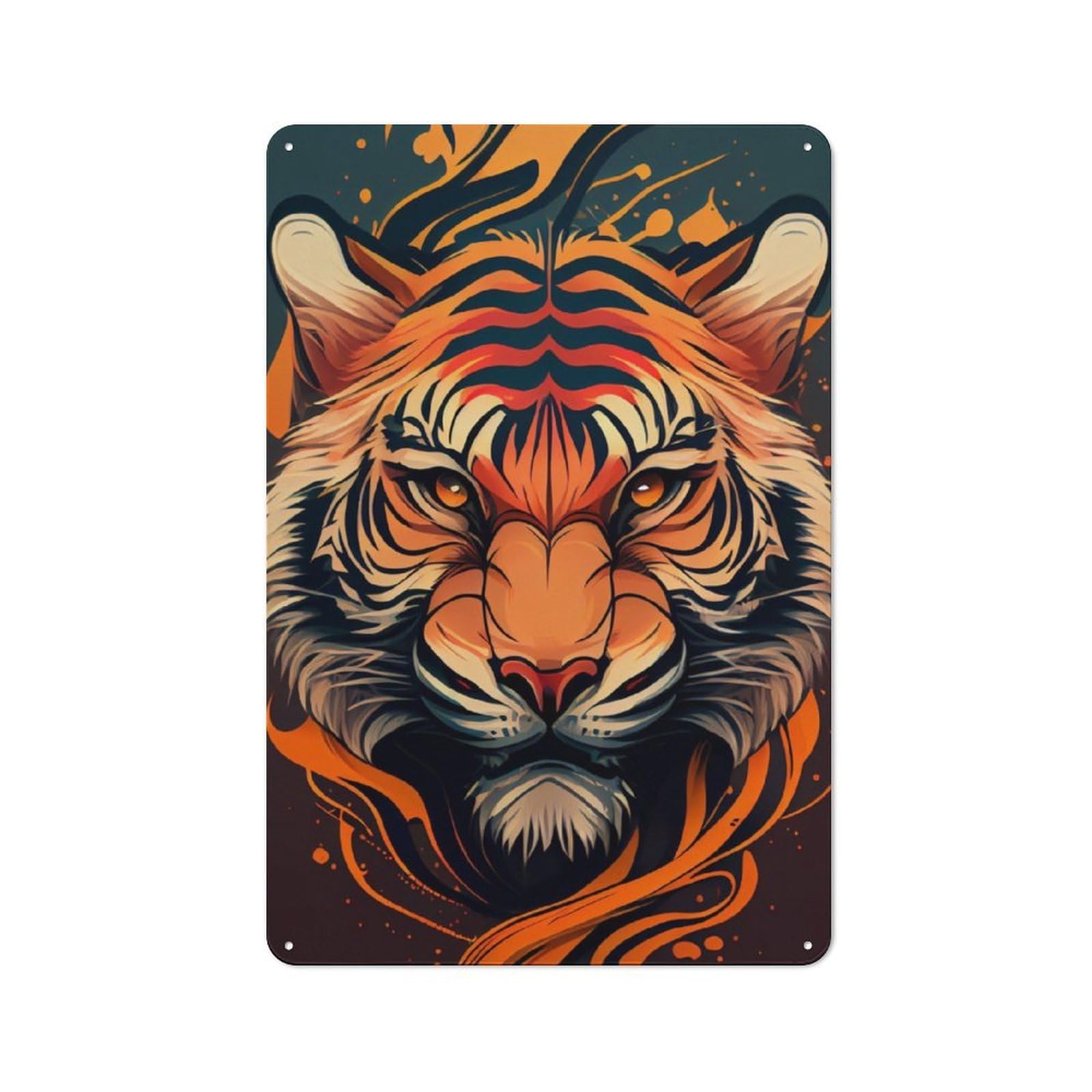 Junmoney Tiger Animal Head Cartoon Retro Metal Sign With Design 30X20cm, Retro Old Style Wall Plaque For Kitchen, Hallway, Bar Or Small Cafe