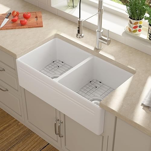 Miniatura 3 de Fregadero de cocina doble de 33 x 20 pulgadas, fregadero de granja de doble lavabo, delantal de cerámica de porcelana blanca pura, fregadero de