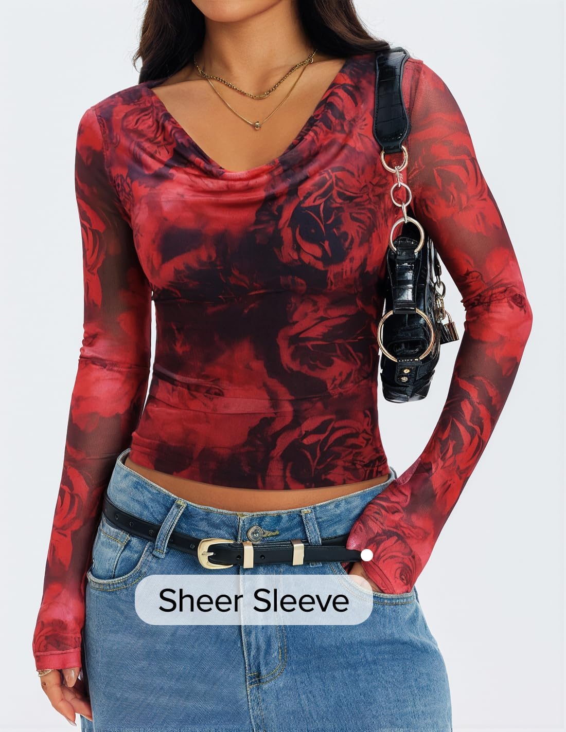 ZESICA Womens Floral Mesh Long Sleeve Tops 2026 Fall Cowl Neck Slim Fit Going Out Y2k Shirts Trendy Date Night Outfits - Image 2