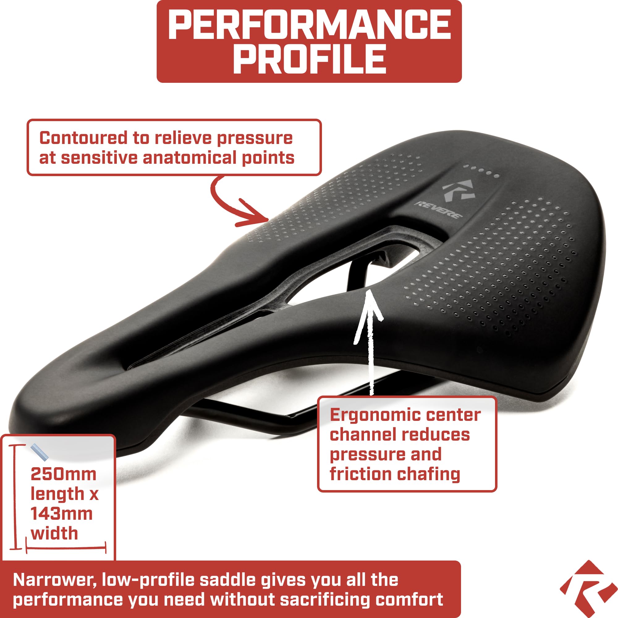 Revere High Performance Bicycle Saddle – Ergonomic Design with Center Vent Channel, Aerodynamic and Comfortable – Ideal for Road, Gravel, MTB, and Touring Bikes