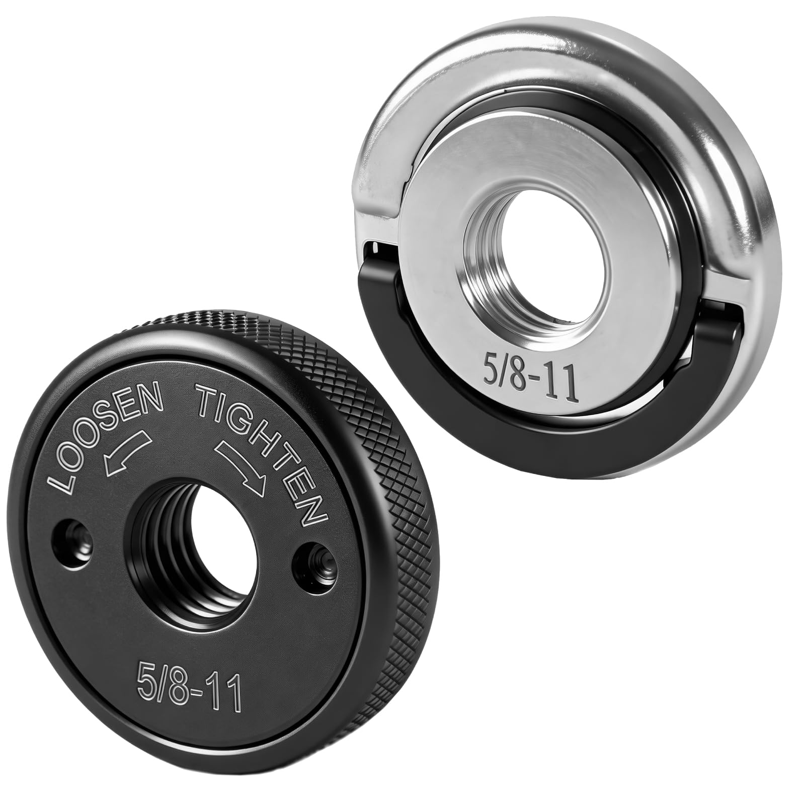 2-Pack 5/8"-11 Angle Grinder Flange Nuts, Tool-Free Quick Release Locking Kit, Silver D-Ring & Knurled Arbor Nut, Heavy Duty Self-Locking for 4-1/2" 5