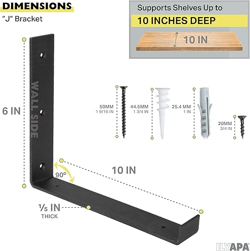 Miniatura 9 de Ilyapa Soportes de estante flotantes resistentes, paquete de 4, hierro rústico, soportes de estante de metal negro de 6 x 10 pulgadas para estantes