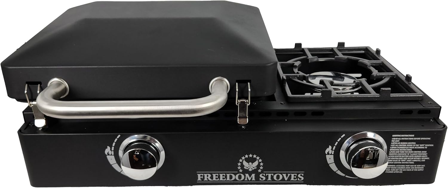 Freedom Stoves 22" Propane Gas Griddle: Easy Clean Non Stick Ceramic Flat Top with Side Burner and Locking Lid, Includes Utensils, Cover, 1LB & 20LB LP Adapters