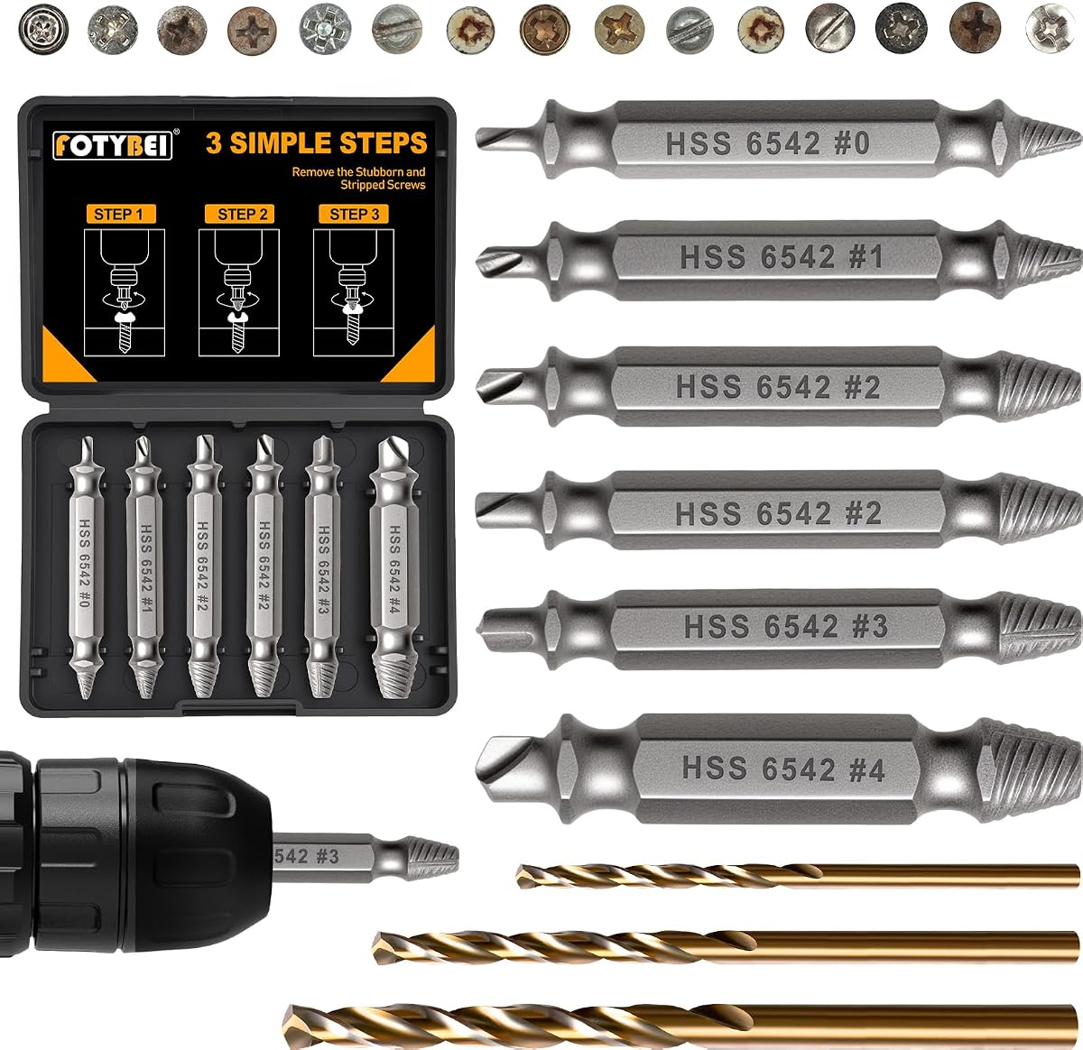 JUEGO de 9 piezas de extractor de tornillos dañados, dureza 65HRC, modelo mejorado HSS 6542, herramienta de extracción y broca helicoidal de 3 PIEZAS, juego de brocas generales de doble extremo para tornillos pelados rotos dañados