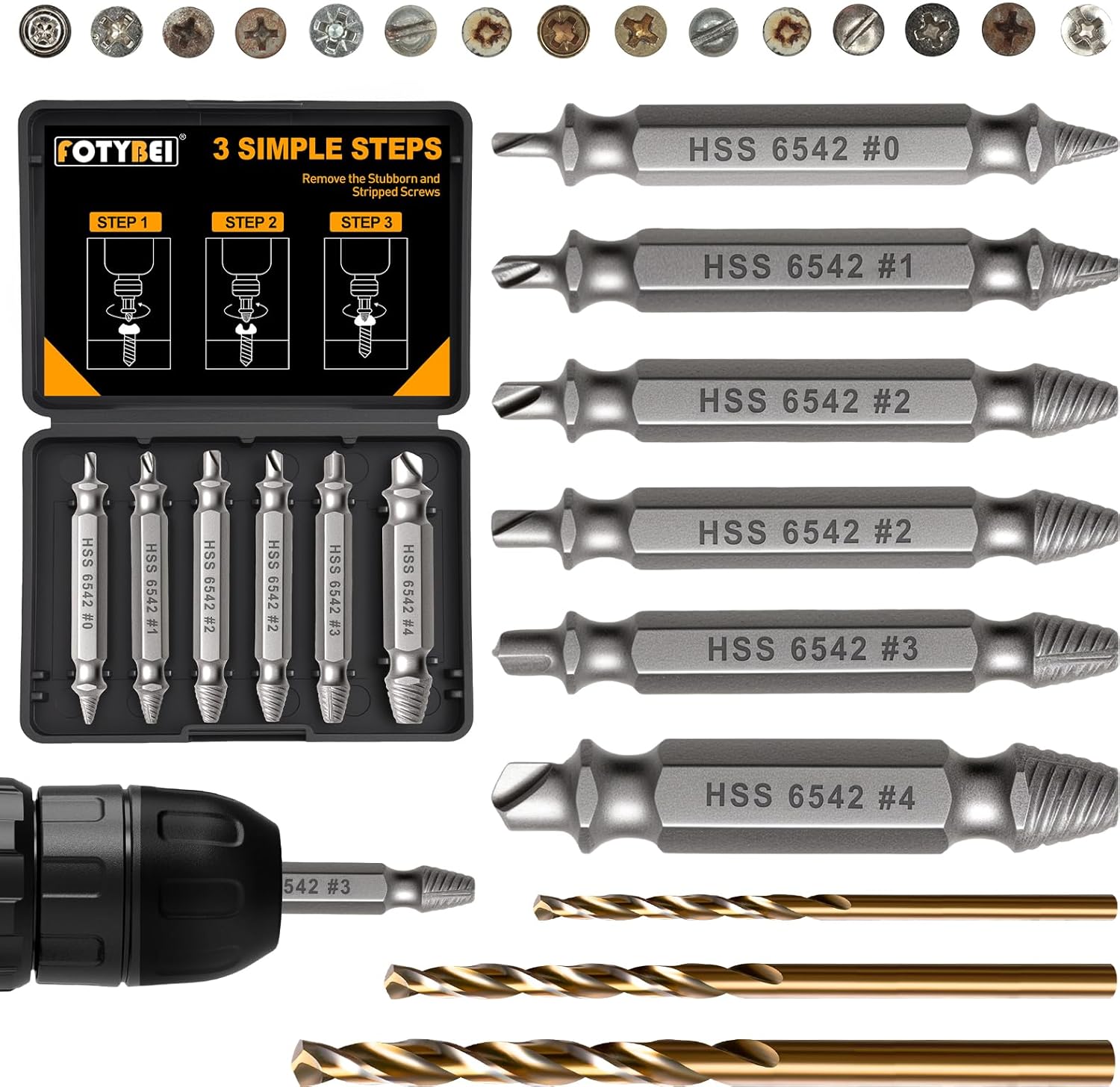 9PCS Damaged Screw Extractor Set, Hardness 65HRC, Upgraded Model HSS 6542, Removal Tool and 3 PCS Twist Drill Bit, General Bit Set Double Ended for Damaged Broken Stripped Screws