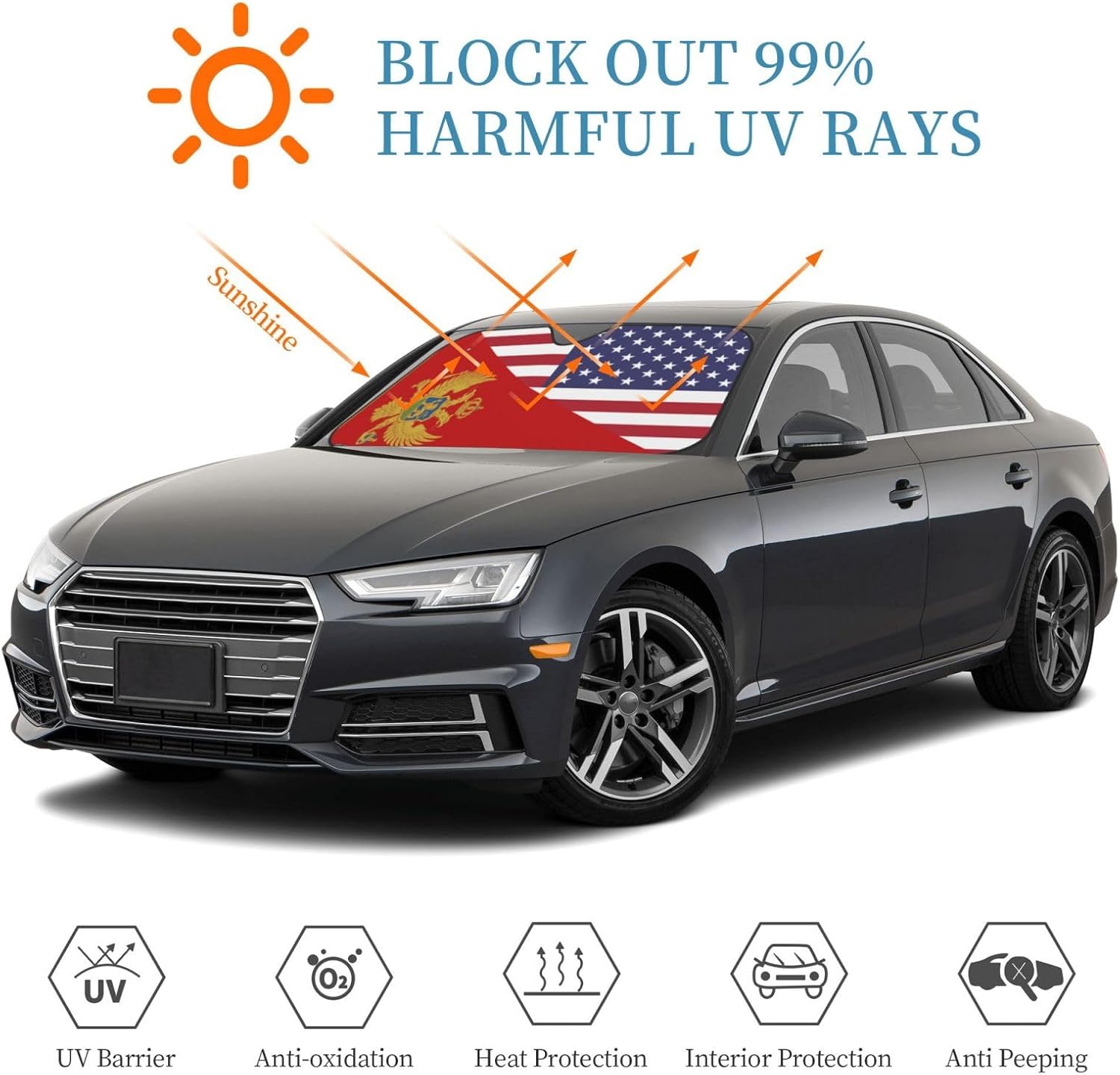America Montenegro Friendship Flag Foldable Car Windshield Sunshade Blocks Heat and Sun Glare Uv Rays