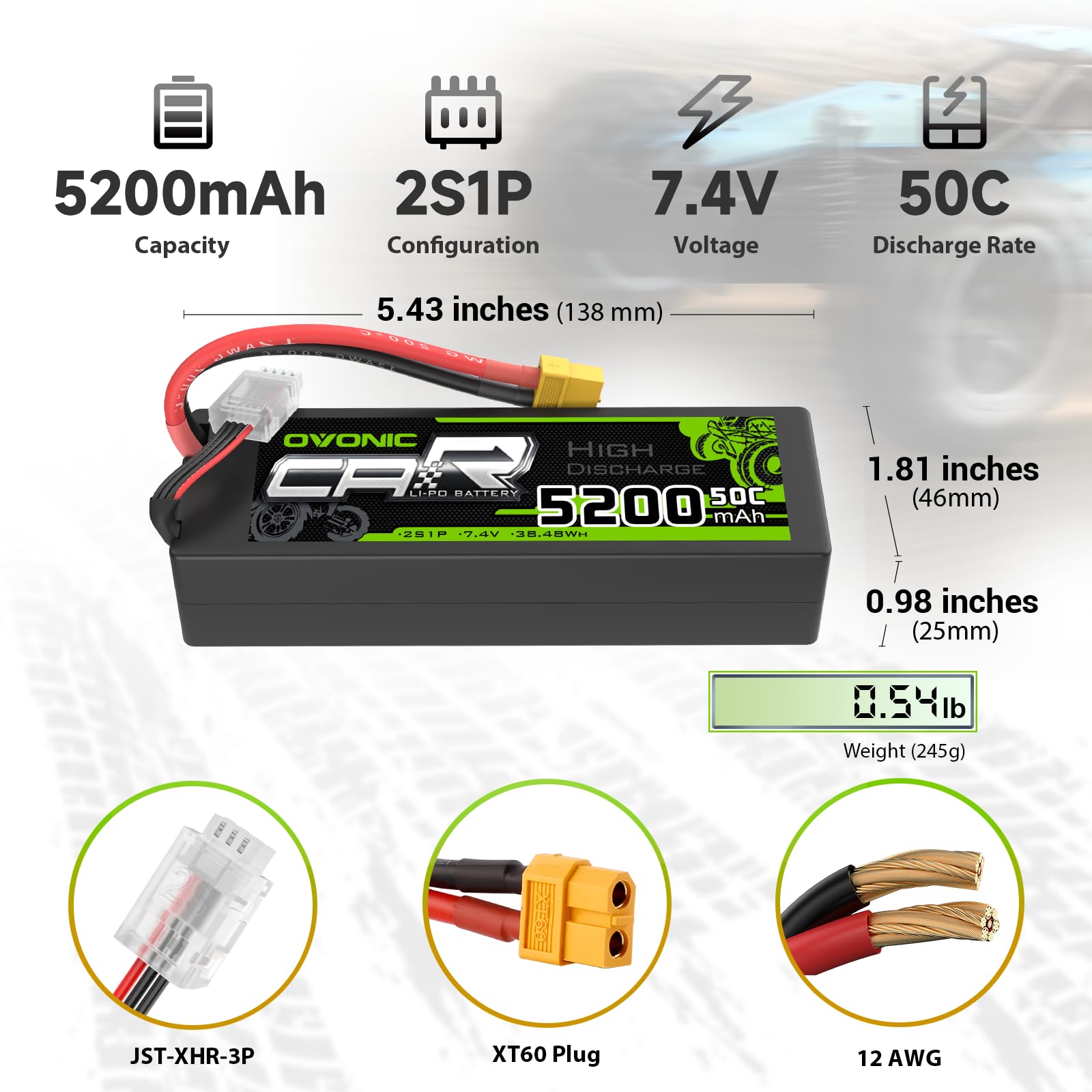 OVONIC 2S Lipo Akku 5200mAh 7.4V 50C Hardcase Lipo Akku mit XT60 Stecker für 1/8 or 1/10 RC Car Trucks RC Flugzeug RC Hubschrauber RC Auto RC Boot(2PCS)