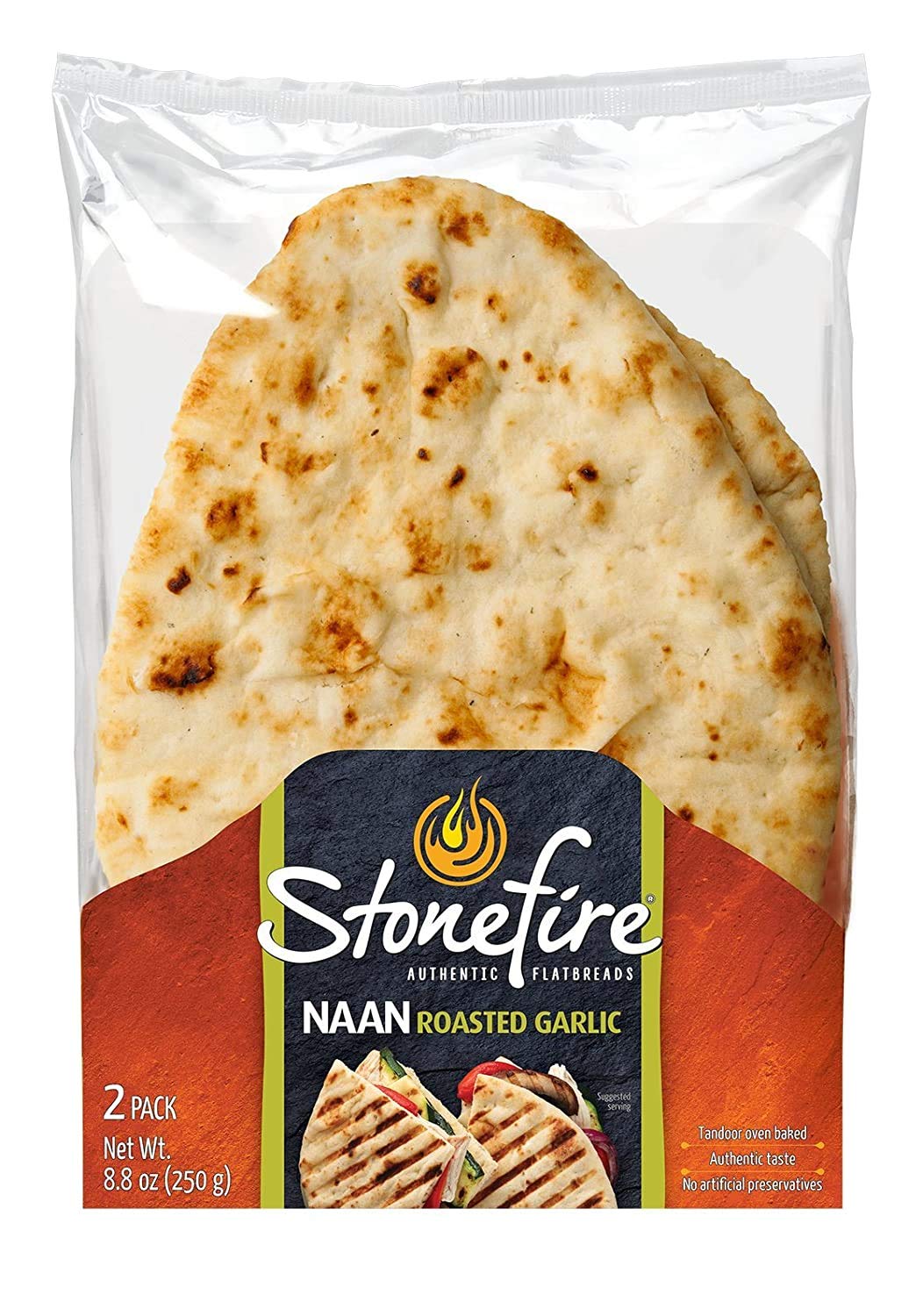 Stonefire Garlic Naan Bread - Authentic Hand-Stretched Tandoor-Baked Flatbread with Buttermilk & Ghee, 8.8 oz 2-Pack