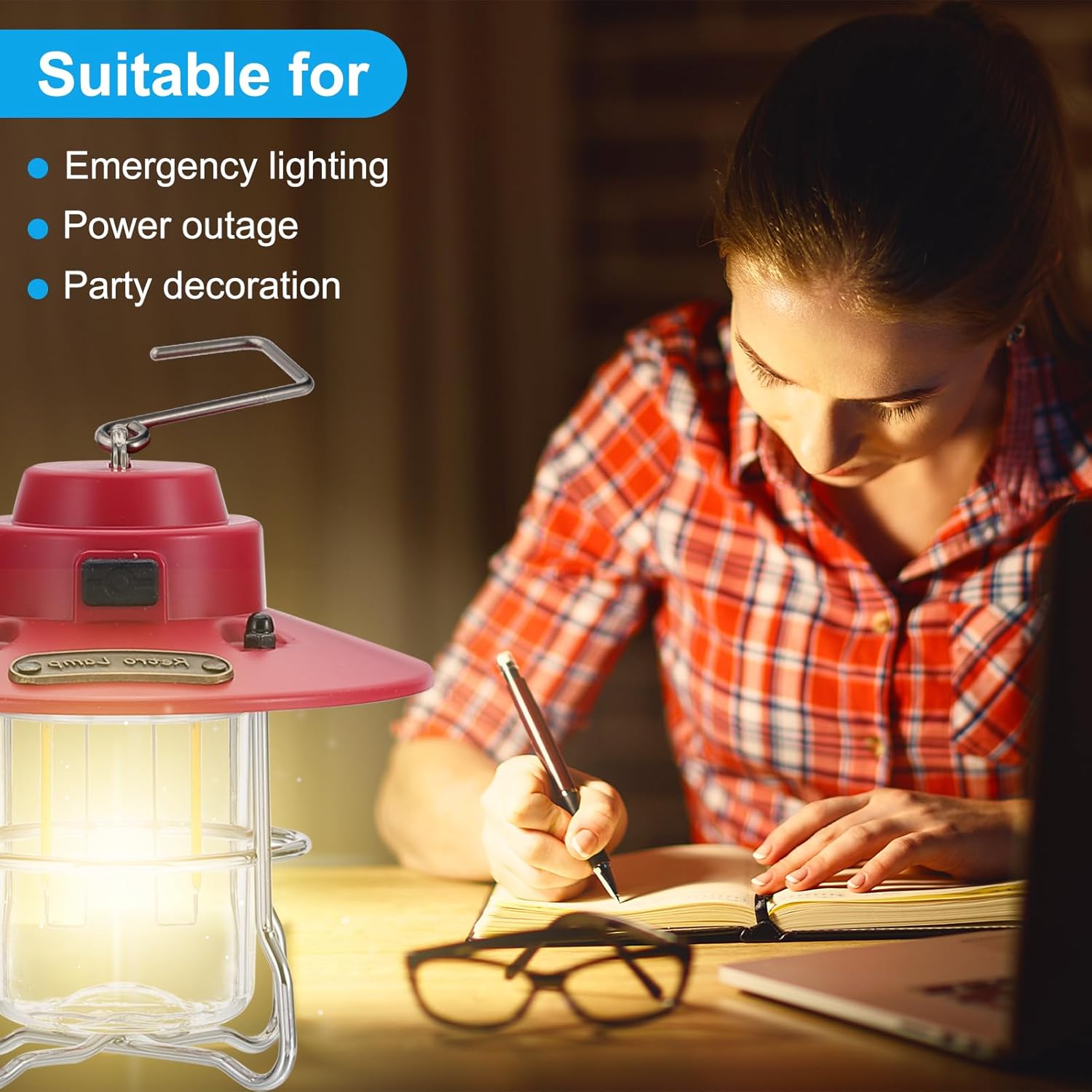 PATIKIL LED Camping Lantern, 2 Pack Vintage Rechargeable Lantern 3 Light Modes Portable Hanging Outdoor Tent Light for Camping, Hiking, Fishing, Red, Black 3.66 Inch