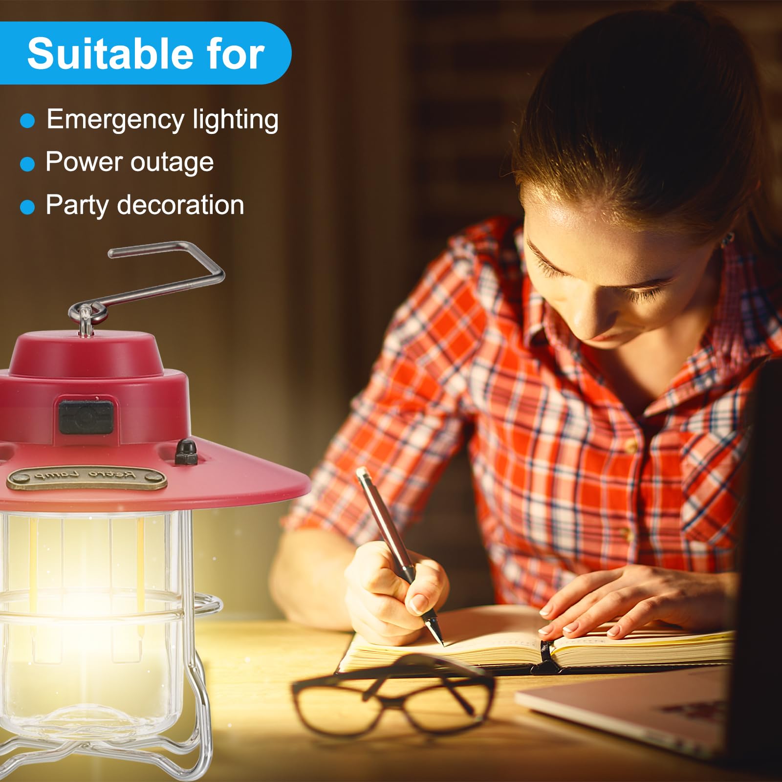 PATIKIL Lanterna da campeggio a LED, confezione da 2 lanterne ricaricabili vintage, 3 modalità di illuminazione, portatile, da appendere, per campeggio, escursionismo, pesca, rosso, nero, 9 cm
