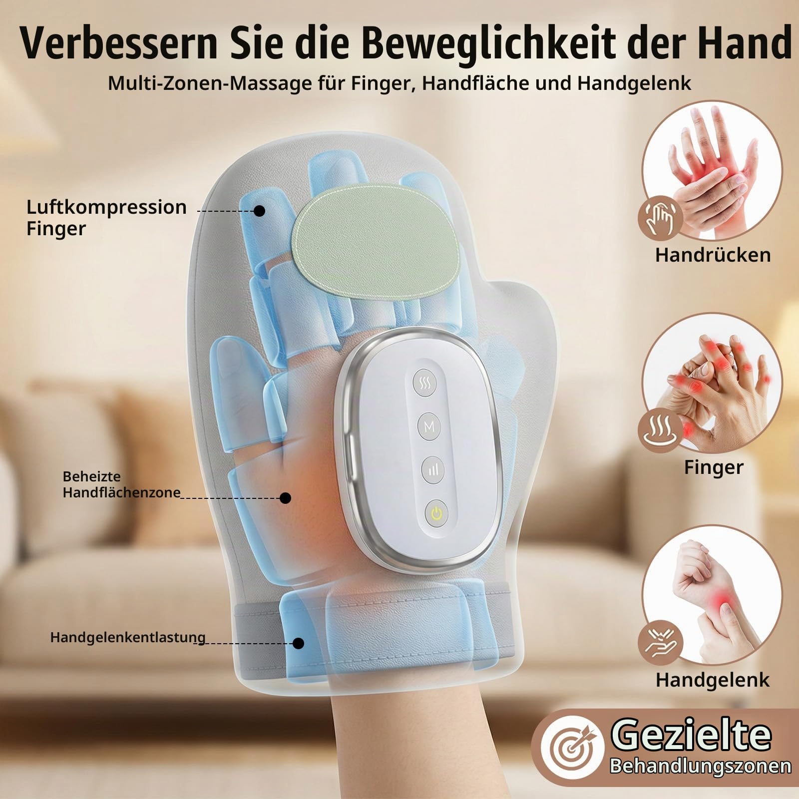 Elektrische Handmassagegeräte mit Heizfunktion – Wiederaufladbares Hand Massagegerät mit 3 Massagemodi & 5 Druckstufen für gezielte Therapie von Handgelenk und Fingern