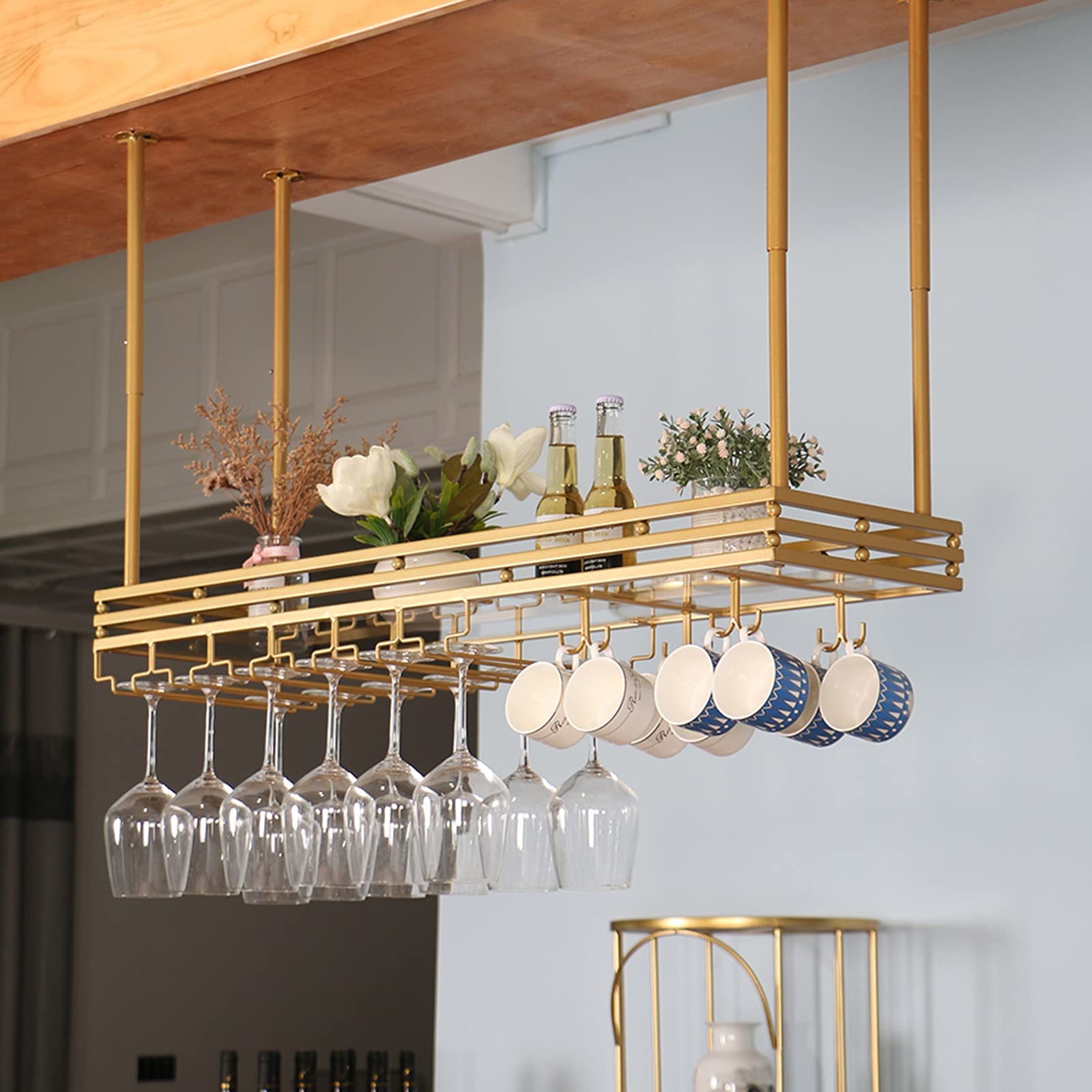 Estantería de Lujo para vinoteca con Expositor Colgante y Estante de Almacenamiento de Copas de Vino Ajustable en Altura. Estante invertido para vinoteca doméstica para Colecciones