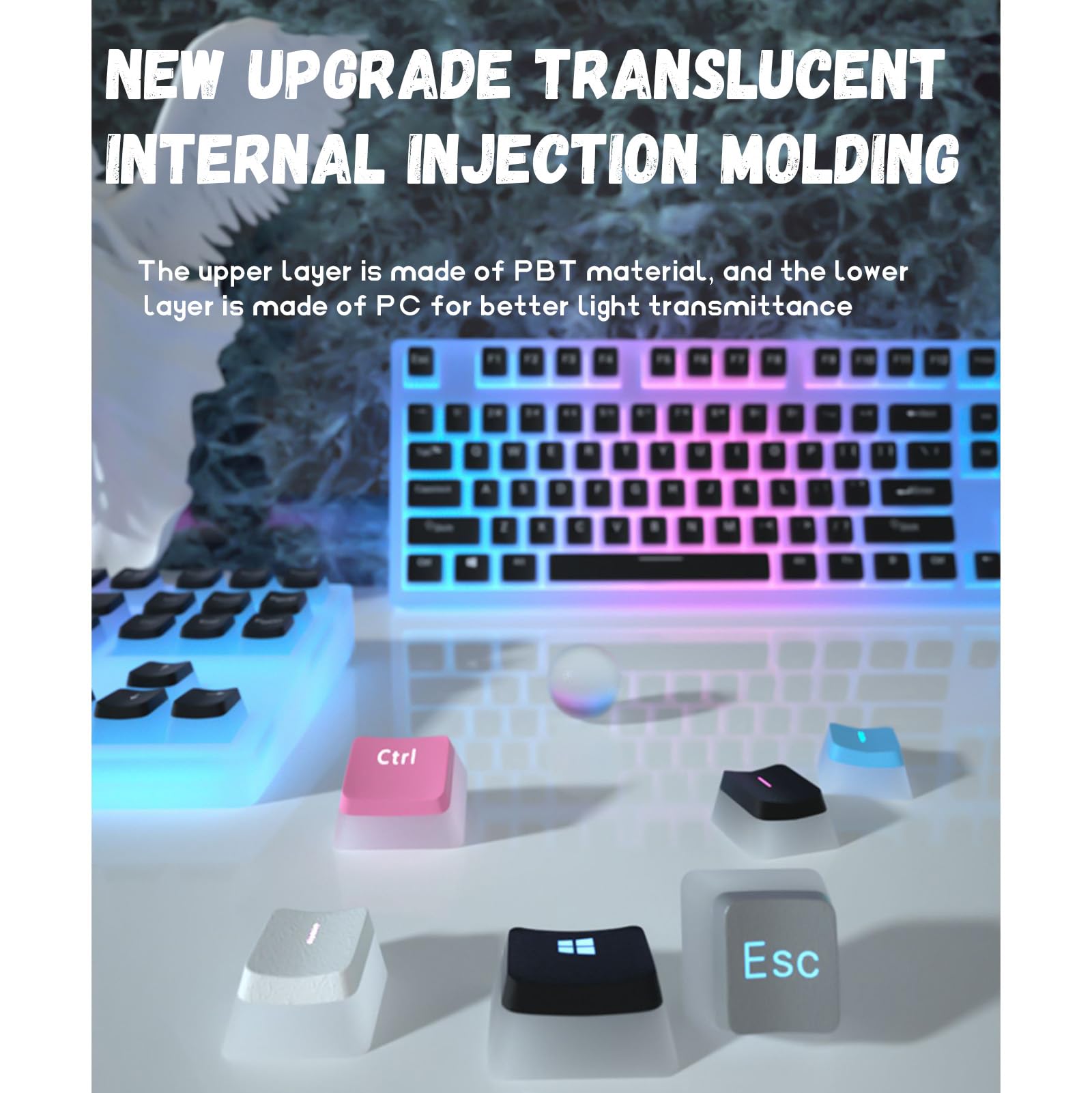 Pudding Keycaps, PBT Keycaps 129 Keycaps Set Ensemble de Touches personnalisées, Shine Through Keycaps Profil OEM, Compatibilité Universelle pour Clavier 100%, 75%, 65%, 60%,Blue
