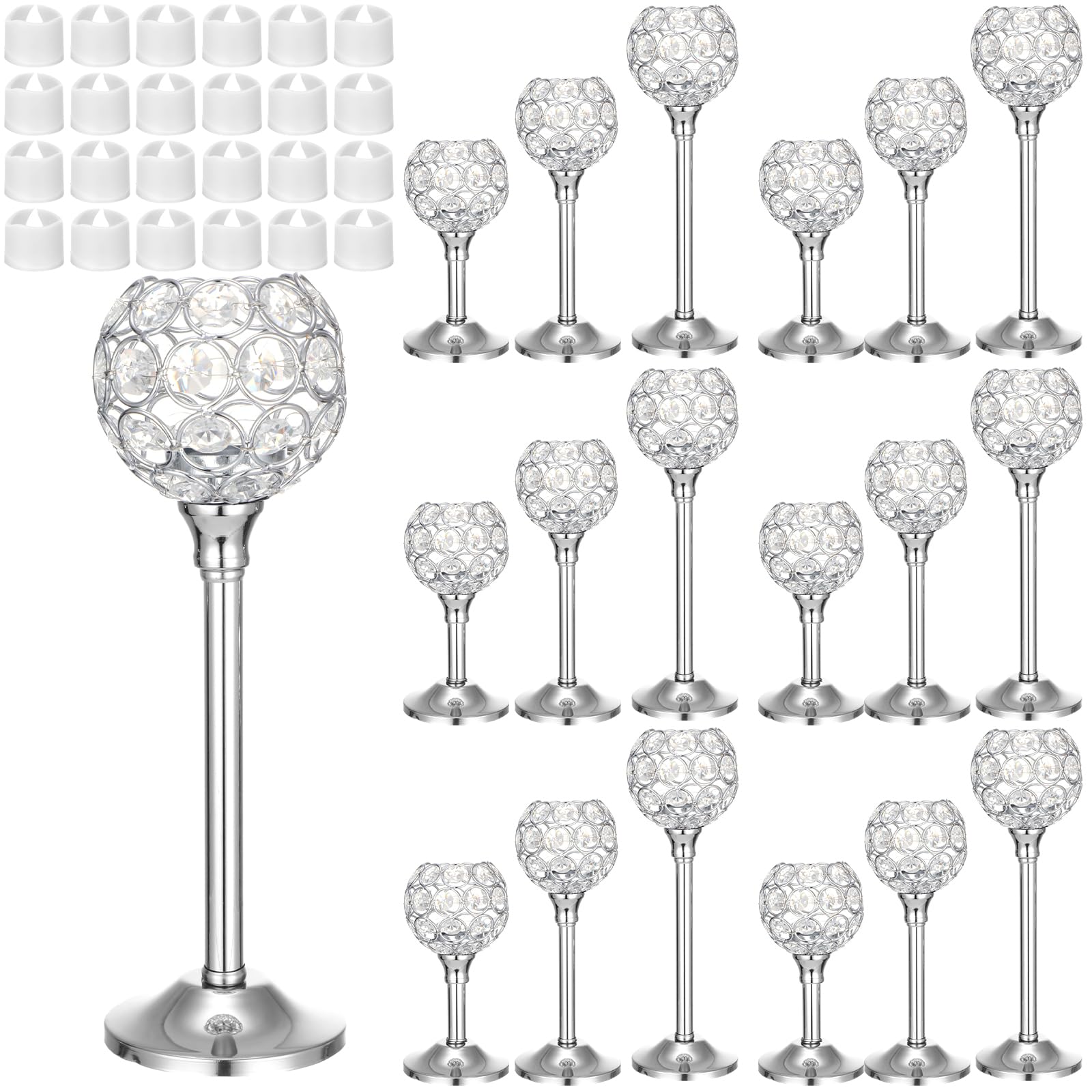 Hushee 42 Pcs Crystal Candle Holders with LED Tea Lights Candles Bulk Decorative 3 Sizes Candlestick Holders for Table Centerpieces, Christmas Home Decor, Weddings, and Housewarming Gifts (Silver)
