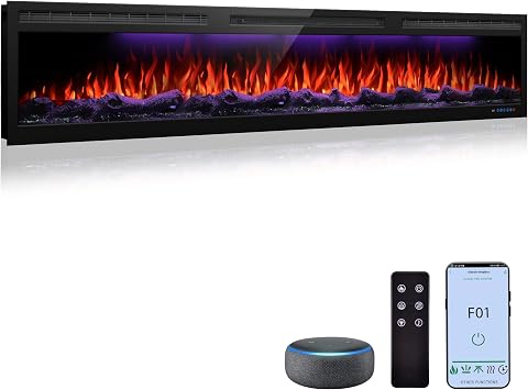 72 inch Electric Fireplace Heater, Smart Control via Alexa& App, Recessed and Wall Mounted Fireplace Insert with Multicolor Realistic Flame Effects,Crackling Sound and Logs& Crystal,5100Btus, Black
