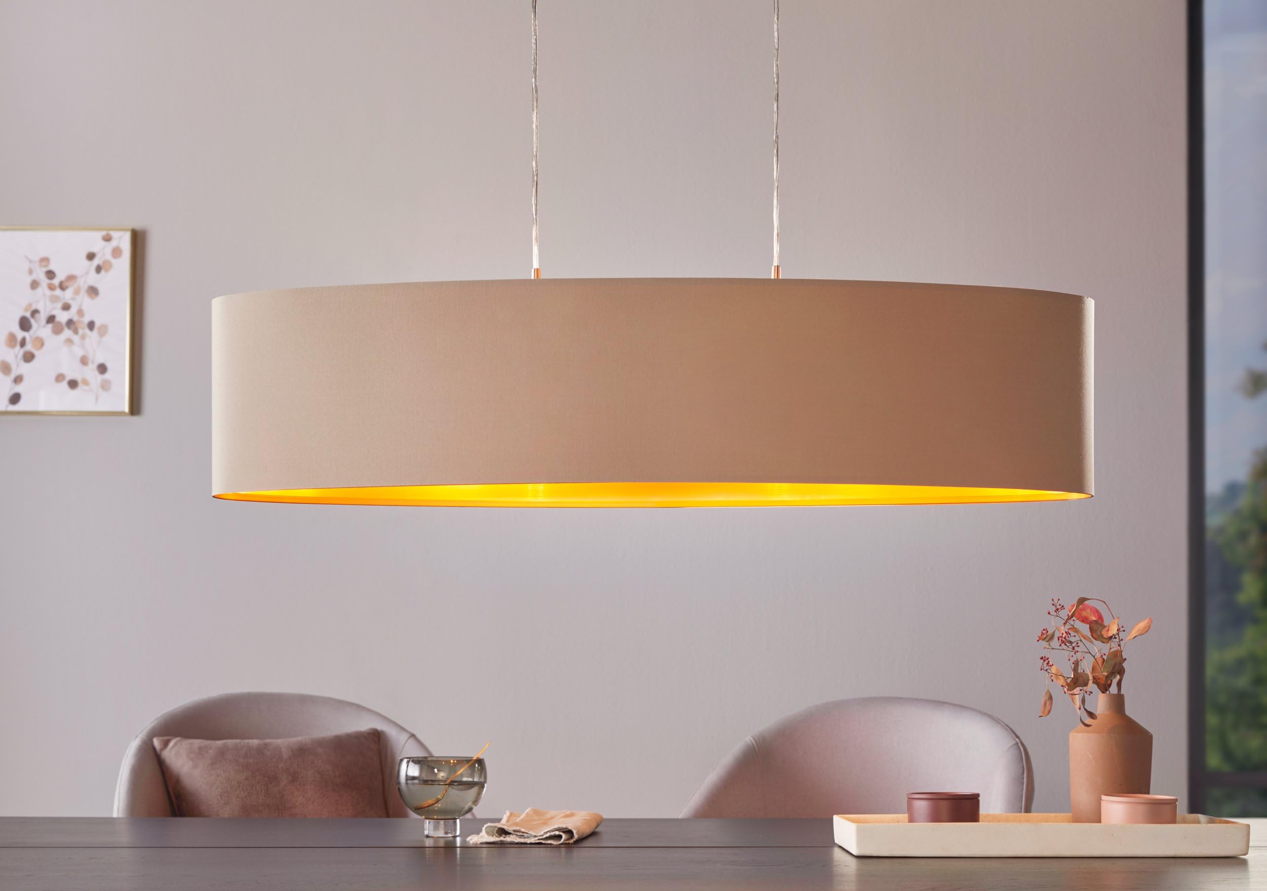 Eglo Suspension luminaire Maserlo, lustre suspendu en acier et textile | couleur nickel mat, taupe, doré, lampe de salon et de salle à manger, douille E27, 100 cm