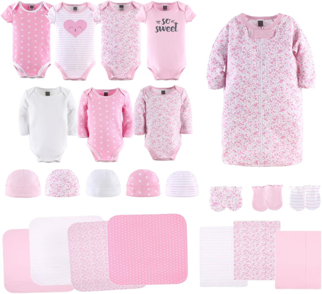 The Peanutshell Newborn Layette Gift Set for Baby Girls | 23 Piece Newborn Girl Clothes & Accessories Set | Fits Newborn to 3 Months | Floral Pink
