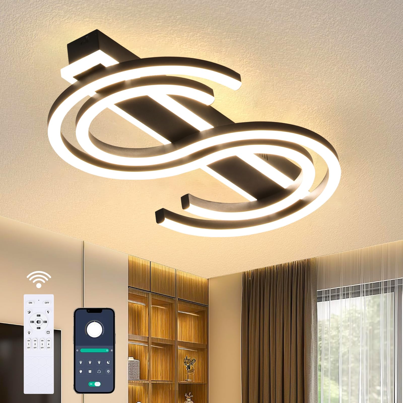 LED Deckenleuchte Schlafzimmer Dimmbar Wohnzimmer Deckenlampe Schwarz mit Fernbedienung und App, 50cm 2-Ringe S Design, 50W Modern Deckenbeleuchtung mit Nachtlicht Memory-Funktion für Esszimmer, Büro