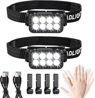 Stirnlampe LED Wiederaufladbar 2 Stück, Superhell 2500 Lumen 5 Lichtmodi Leichtgewichtig IPX6 Wasserdicht Leicht Sensor Kopflampe,Stirnlampen für Outdoor Camping Laufen Angeln,für Kinder Erwachsene